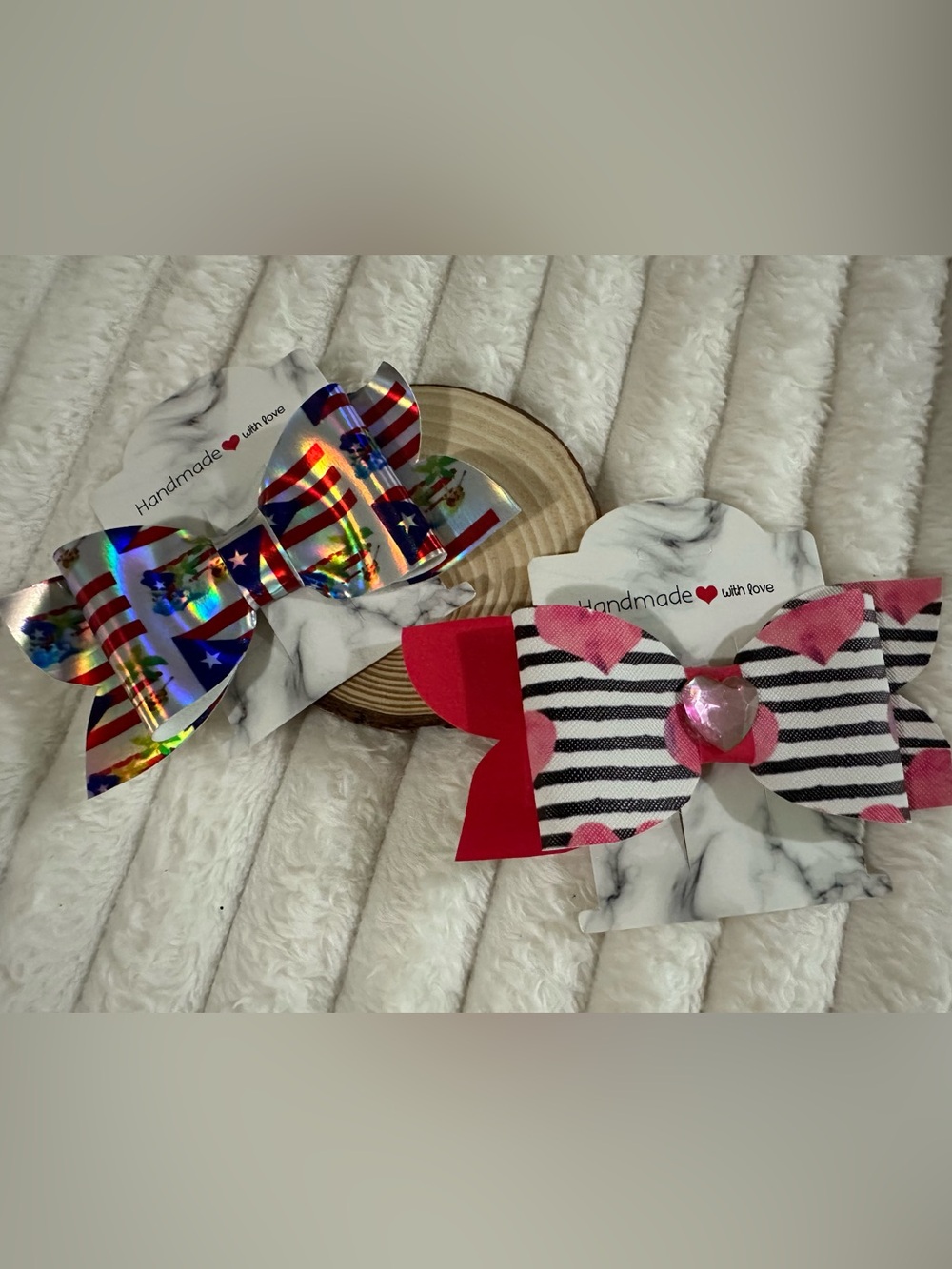 Handmade Kids Hair Bow - Pink & Red Heart Stripe Design bundle